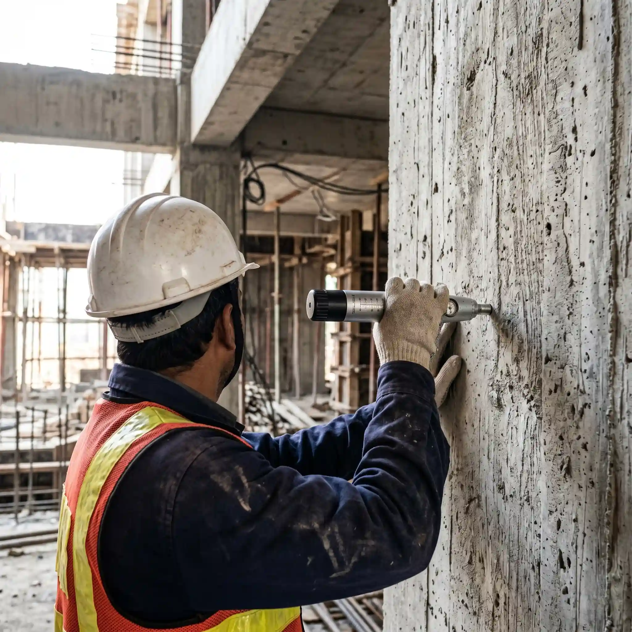 Engineer performing a rebound hammer test on a concrete column